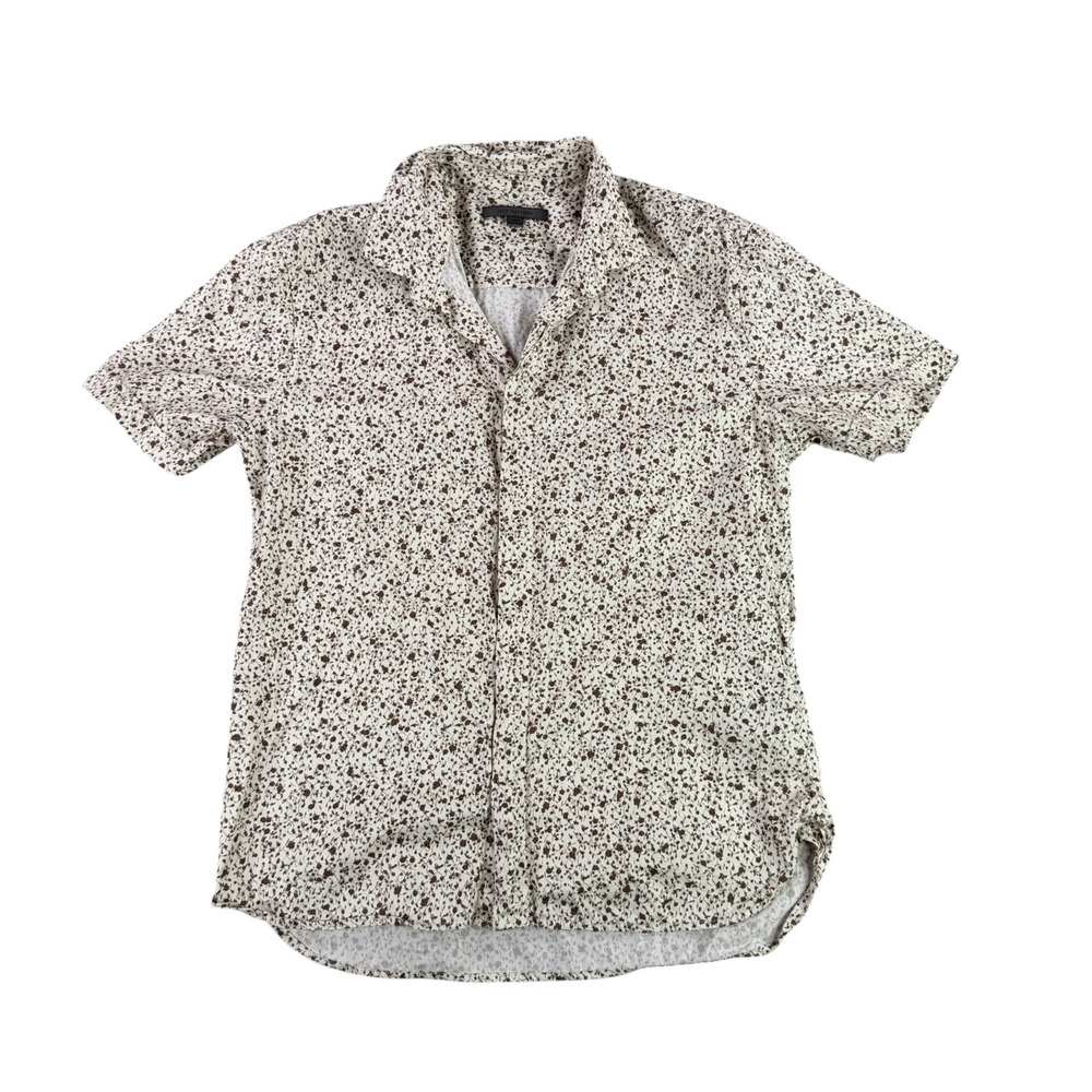John Varvatos Button Up Shirt Mens M Cream Brown Floral Short Sleeve W690Z4